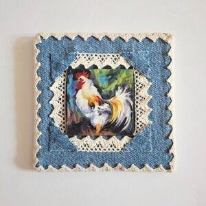 Vintage Denim Framed Miniature Painting Featuring a Rooster Cottagecore